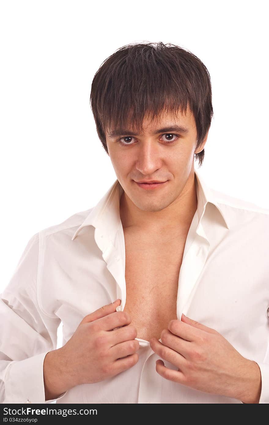 Portrait serious guy in a white shirt isolated. Portrait serious guy in a white shirt isolated