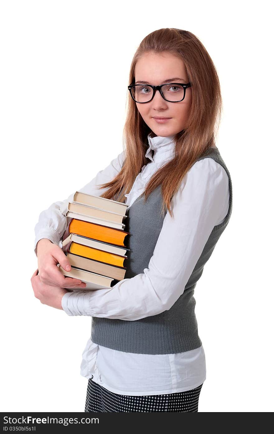 Young girl with book on white background bespectacled