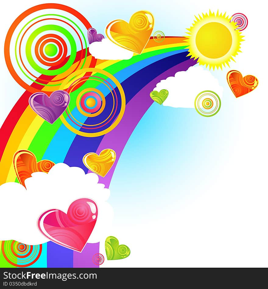Colorful hearts against sky with clouds and rainbow. Colorful hearts against sky with clouds and rainbow