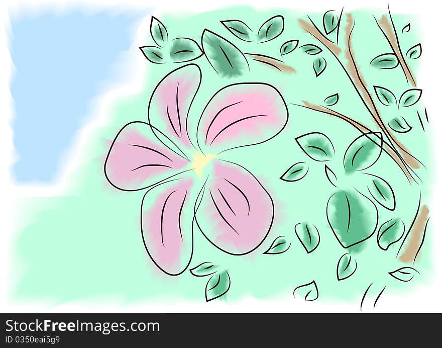 Watercolor pink flower on a green background. Watercolor pink flower on a green background