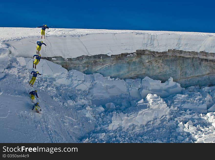 Freerider on the slope, Caucasus mountains