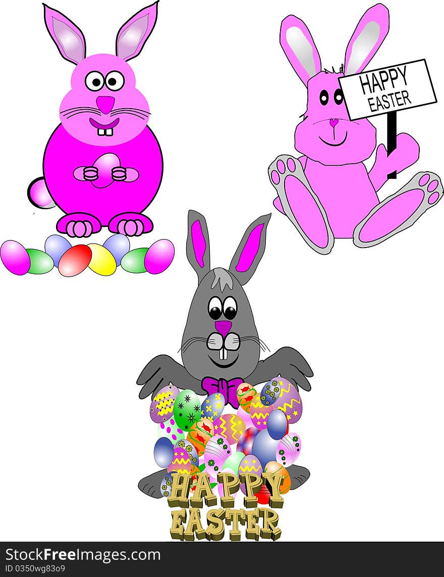 Easter bunnies in cartoon style on white. Easter bunnies in cartoon style on white