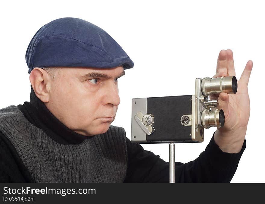 Cameraman spends shooting 16mm camera. white background. Cameraman spends shooting 16mm camera. white background