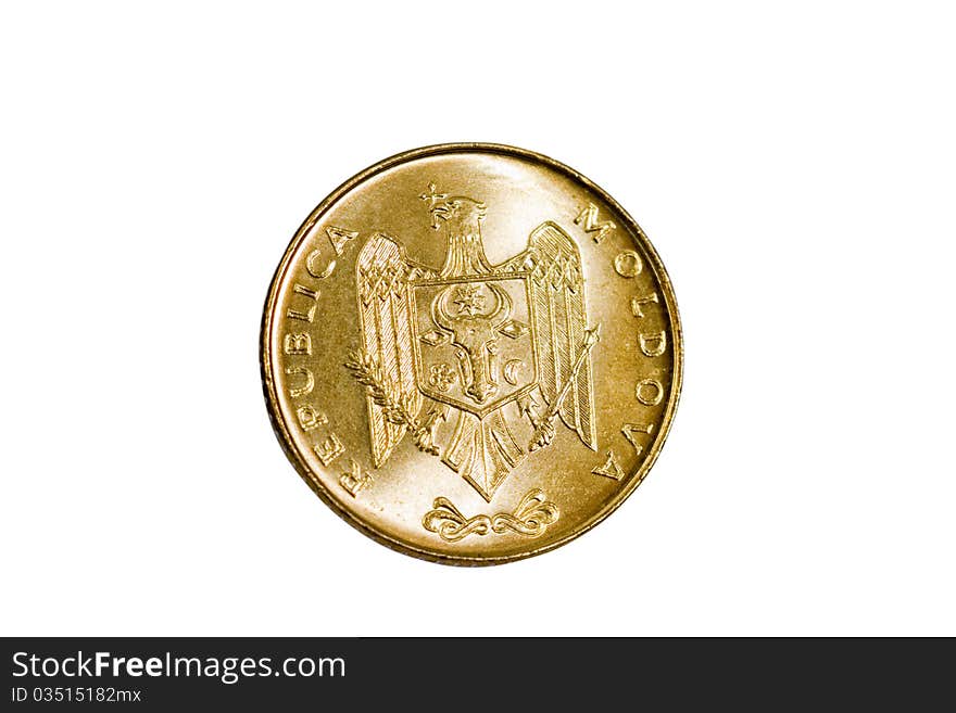 Gold coin, the modern currency of Moldova. photo on a white background. Gold coin, the modern currency of Moldova. photo on a white background