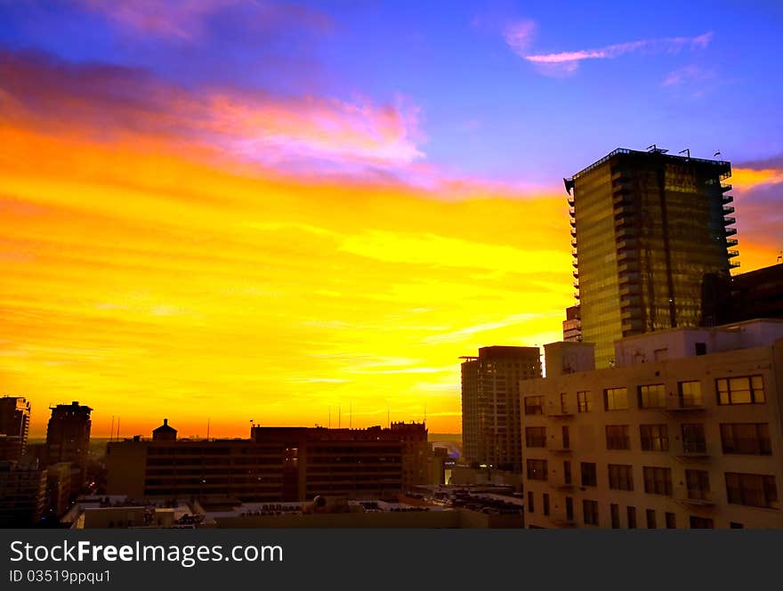 Downtown High Riser At Sunset