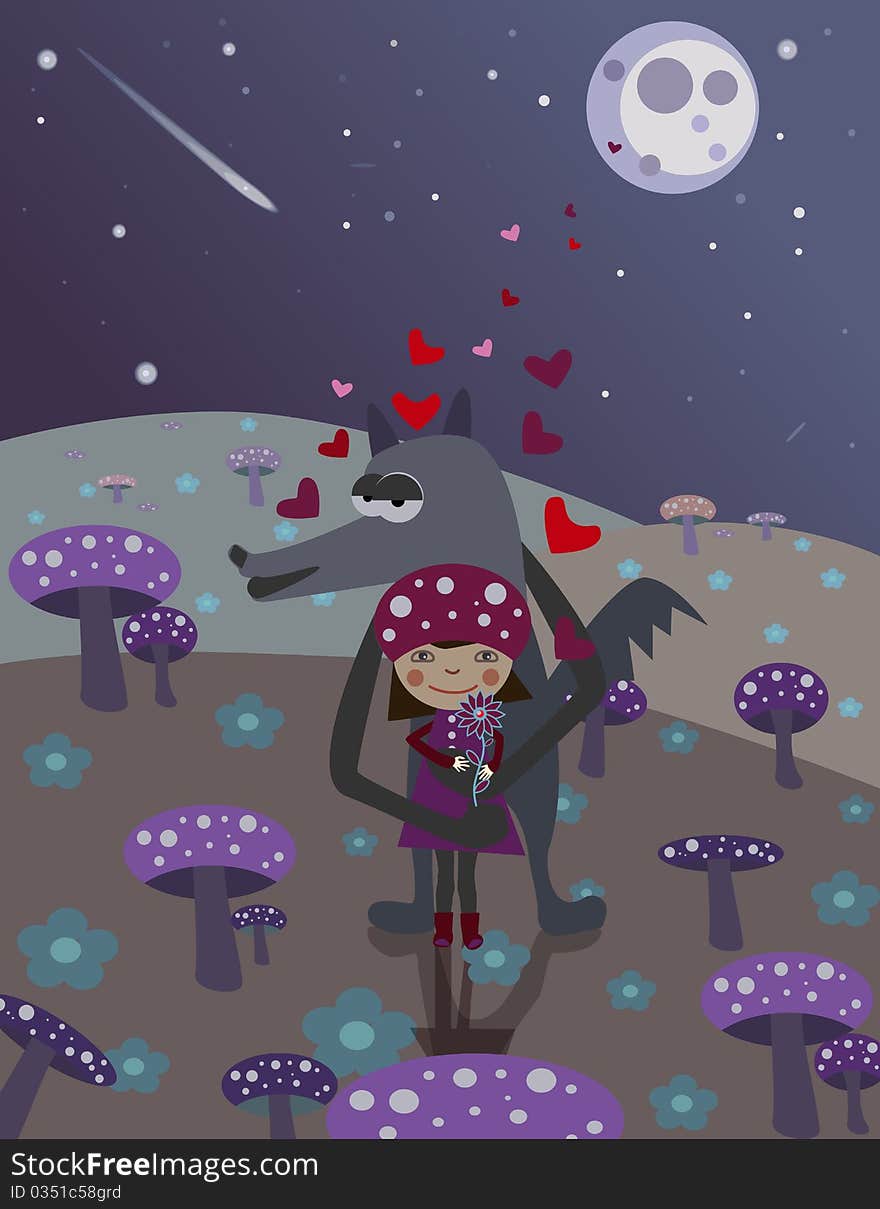 Little Red Riding Hood and wolf. Love. Night scene with mushrooms