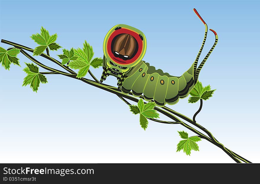 Vector illustration. Caterpilar on a brunch with leaf. Vector illustration. Caterpilar on a brunch with leaf