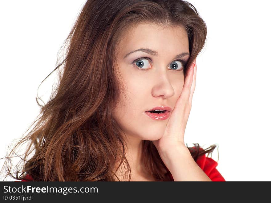 Close-up of a young woman looking shocked. Isolated on white background.