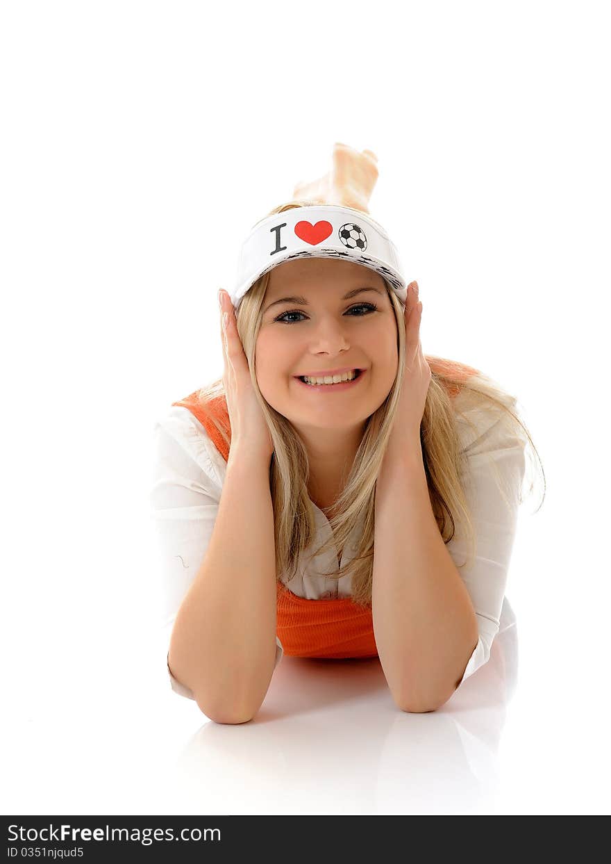 football fan woman with funny hat. isolated on white background. football fan woman with funny hat. isolated on white background