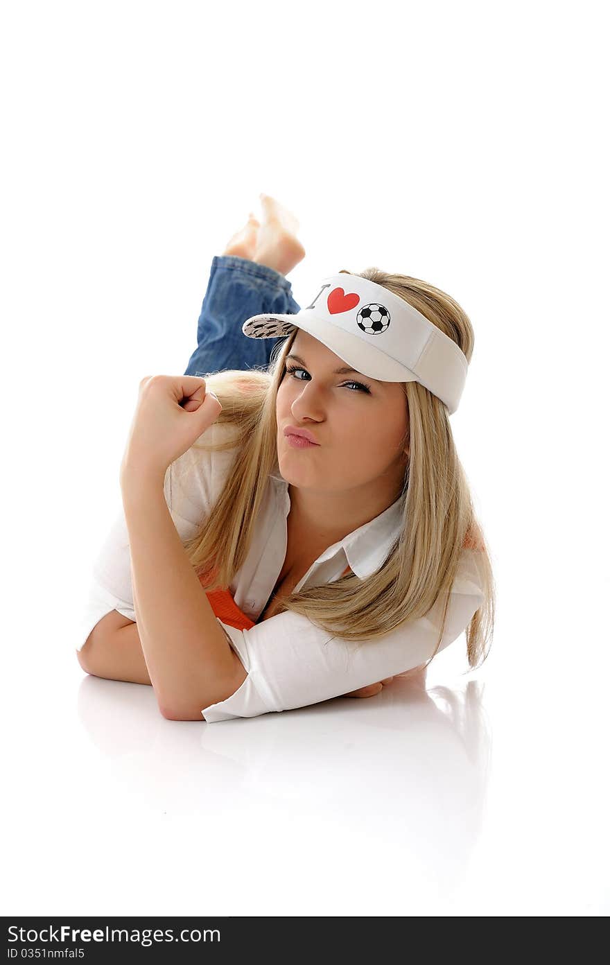 football fan woman with funny hat. isolated on white background. football fan woman with funny hat. isolated on white background