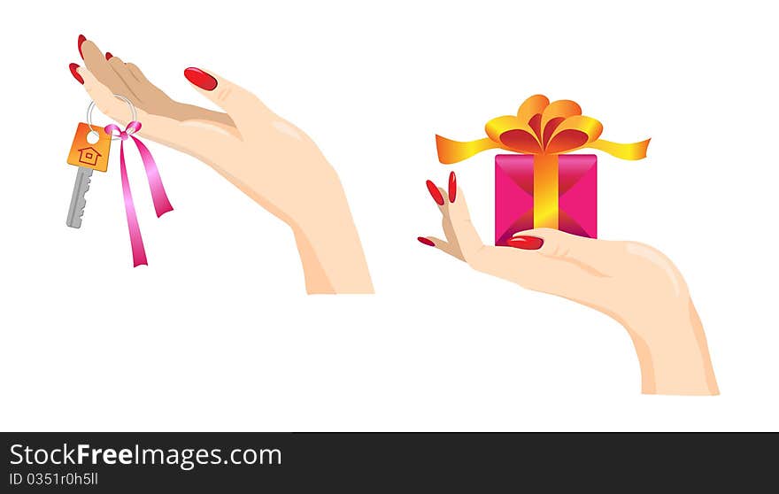 Woman hands with key and gift