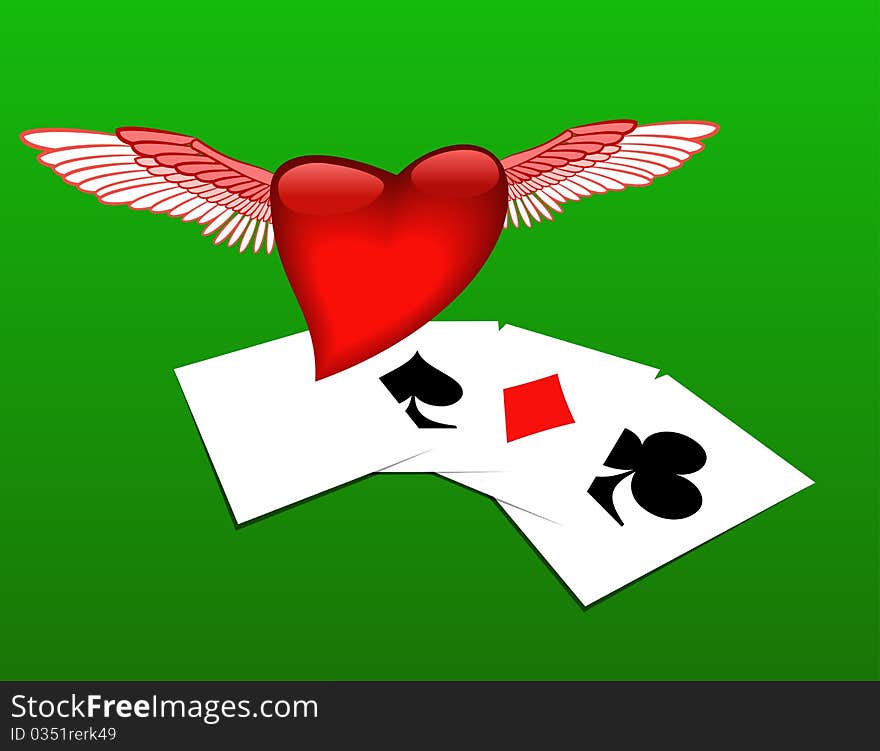 Winged heart and playing cards are shown in the picture. Winged heart and playing cards are shown in the picture.