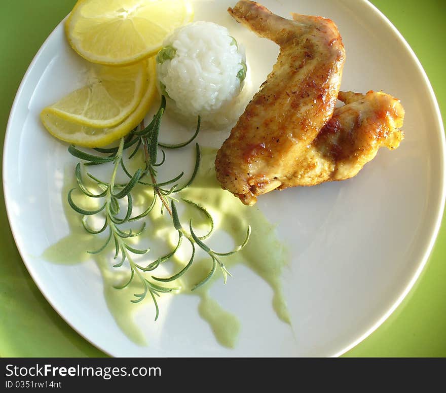 Fried chicken with rice, lemon,sauce. Fried chicken with rice, lemon,sauce