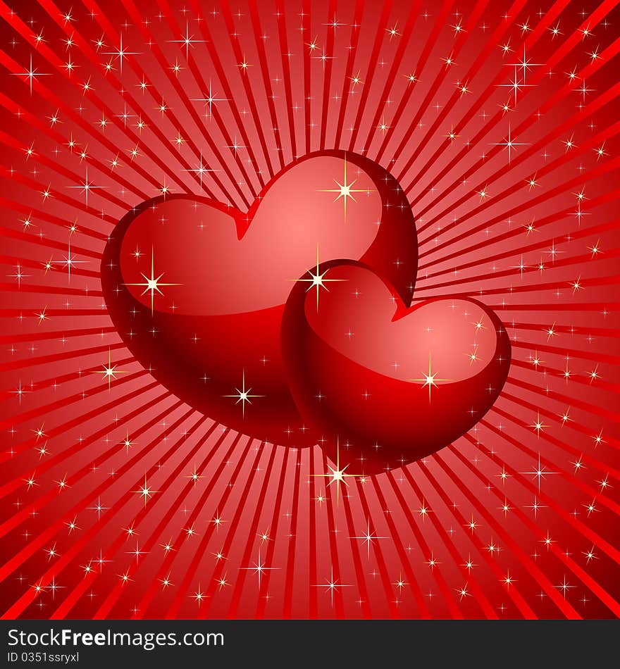 Two hearts on a red background. Vector illustration.