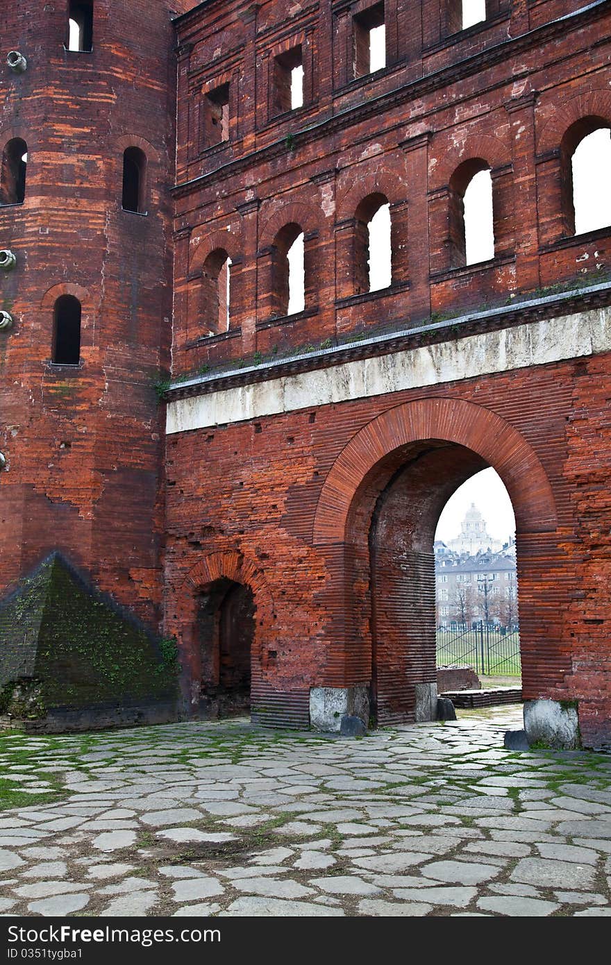 Detail of Porte Palatine in Turin - Italy. Roman empire. Detail of Porte Palatine in Turin - Italy. Roman empire.