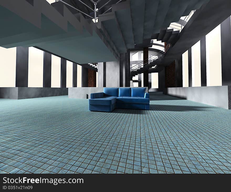 Interior gallery with blue sofa. Interior gallery with blue sofa