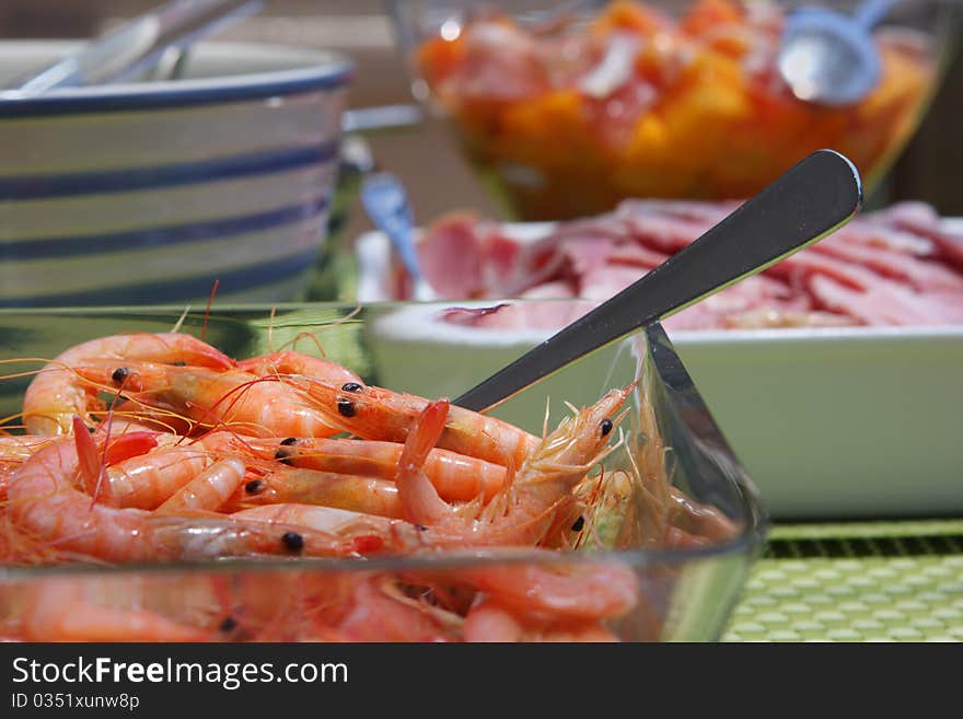 Healthy lunch of prawns ham and salad. Healthy lunch of prawns ham and salad