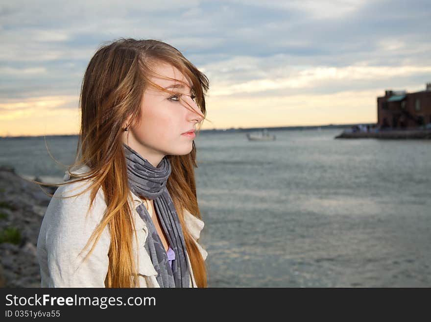 Young female with blond hair sunset. Young female with blond hair sunset