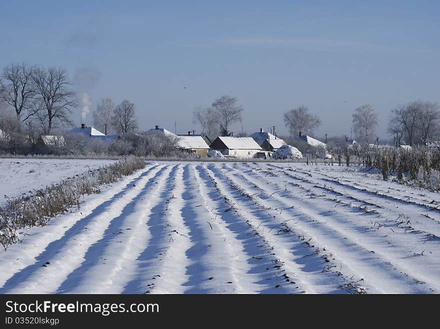 Winter in small village, snowdrifts in the field