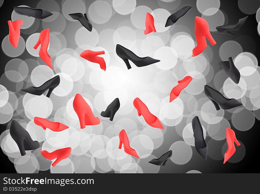 Abstract of falling Ladies stilettos in black and red.