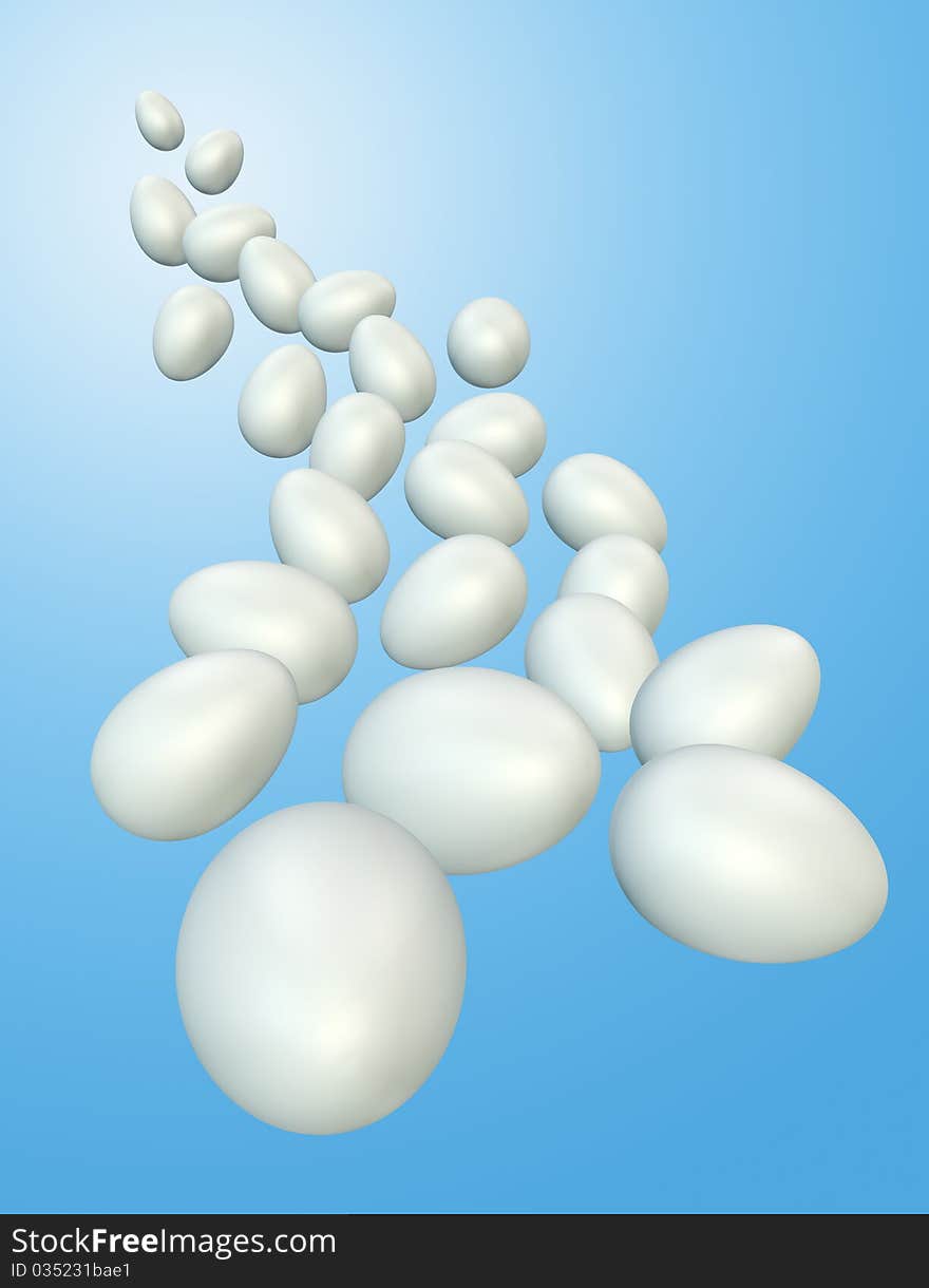 Lots of eggs tumbling down toward the viewer - 3D render.