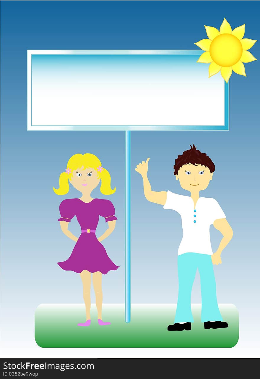 Girl with a boy and an invitation to the event, , frame for text. Girl with a boy and an invitation to the event, , frame for text