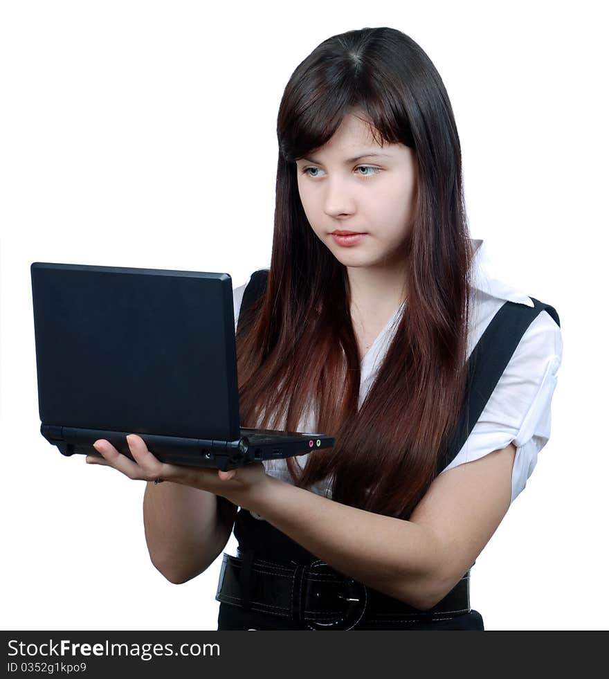 The woman with the laptop on a white background