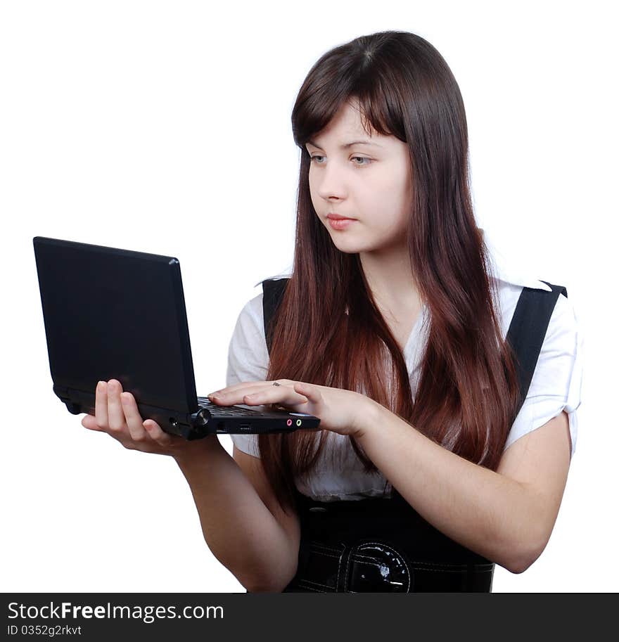 The woman with the laptop on a white background