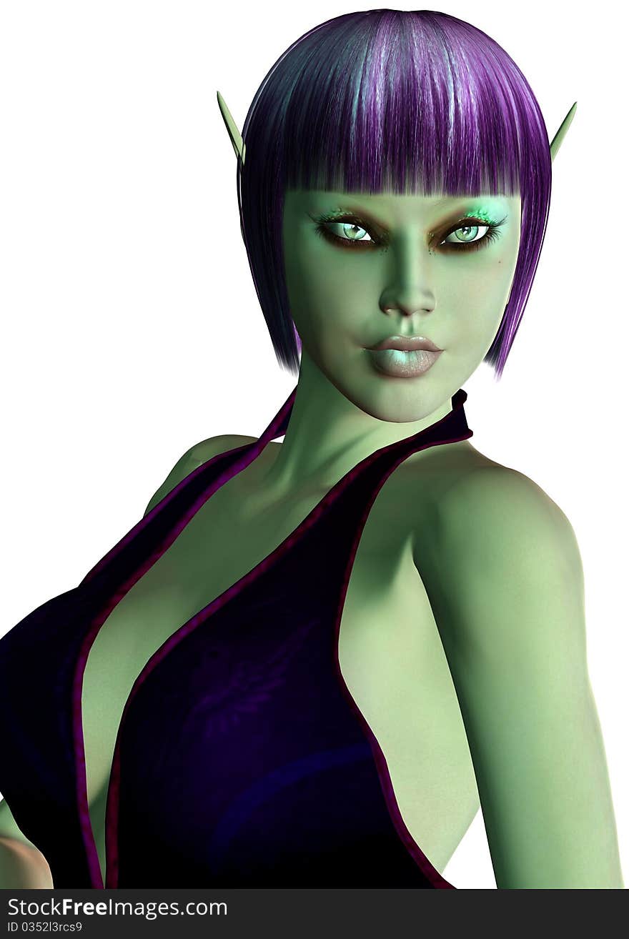 Beautiful Exotic Elf Woman with short purple hair and bathed in green light. White background. Beautiful Exotic Elf Woman with short purple hair and bathed in green light. White background