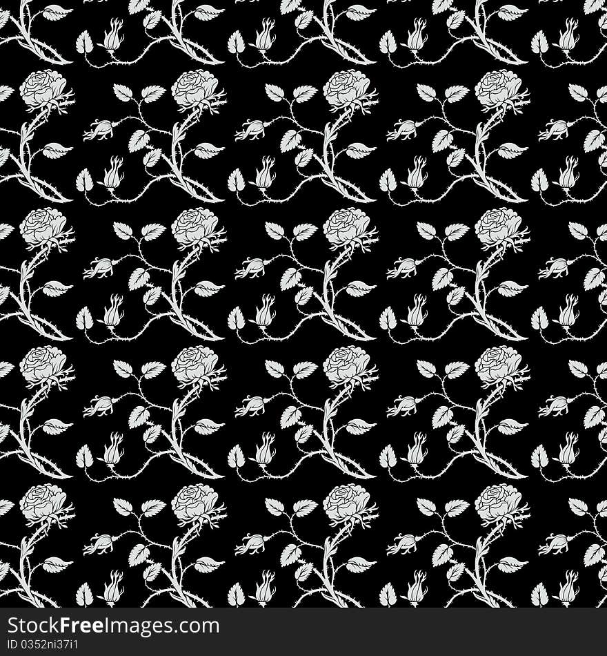 Black and white roses repeat seamless pattern wallpaper background