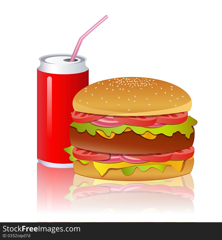 Illustration of burger with cold drink on white background