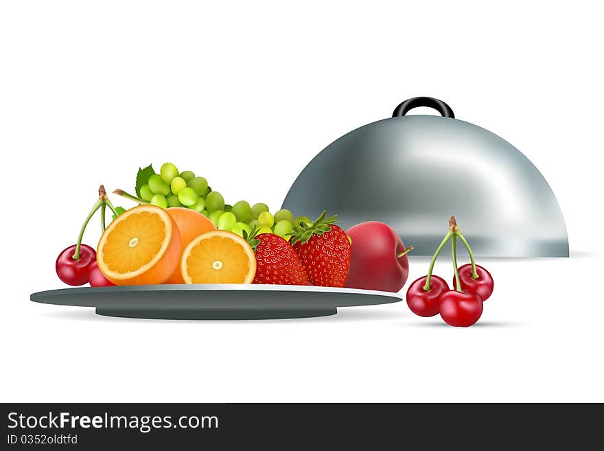 Illustration of fresh fruits in plate on white background