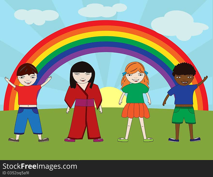 Group of four happy multiculture kids in a park with a rainbow on background. Group of four happy multiculture kids in a park with a rainbow on background.