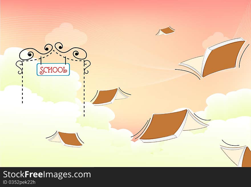 Illustration of flying books at school gate on cloudy background. Illustration of flying books at school gate on cloudy background