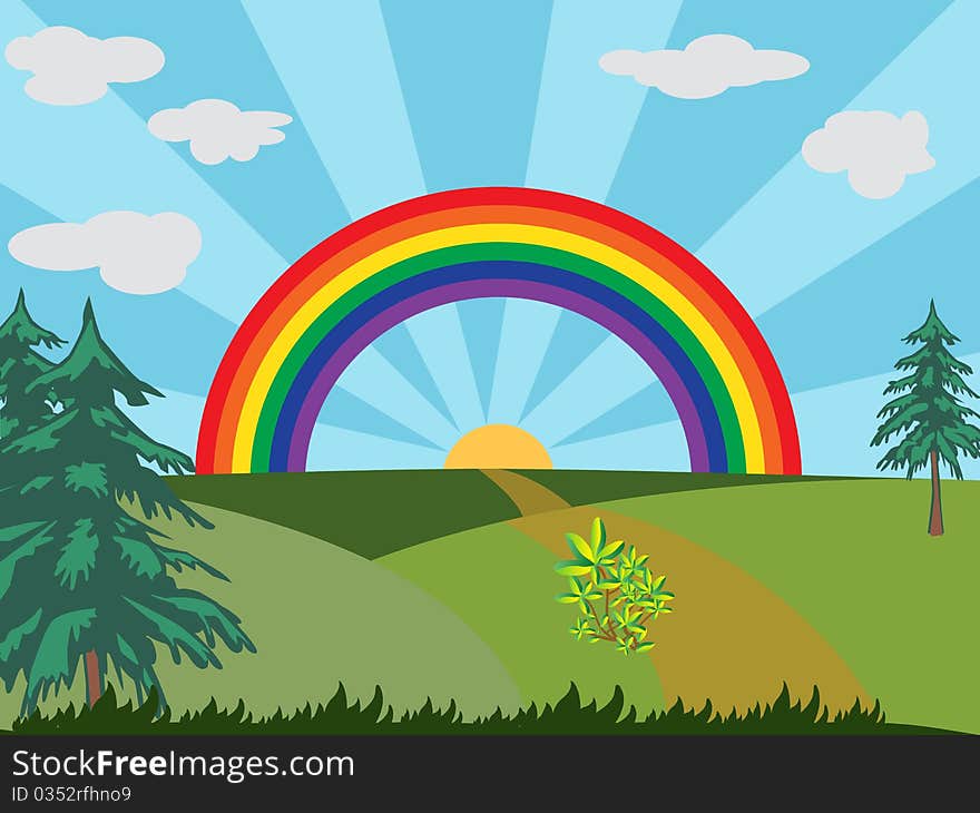 Summer landscape with green grass, rainbow,trees and sunrise