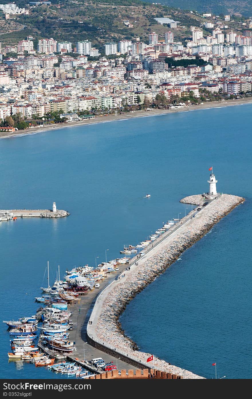 View of the yacht marina, the lighthouse and Coast