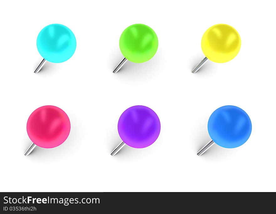 Collection of various pushpins on white background