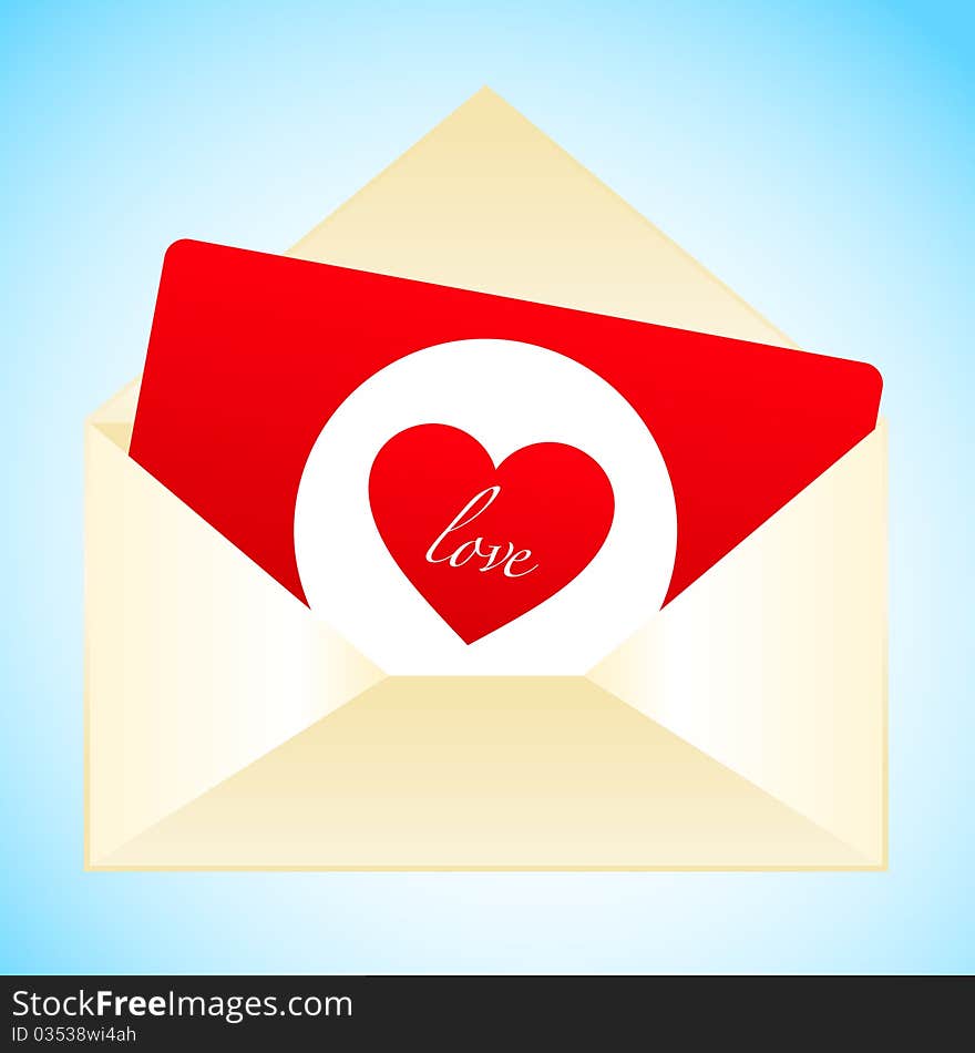 Simple red love card with envelope on a blue background