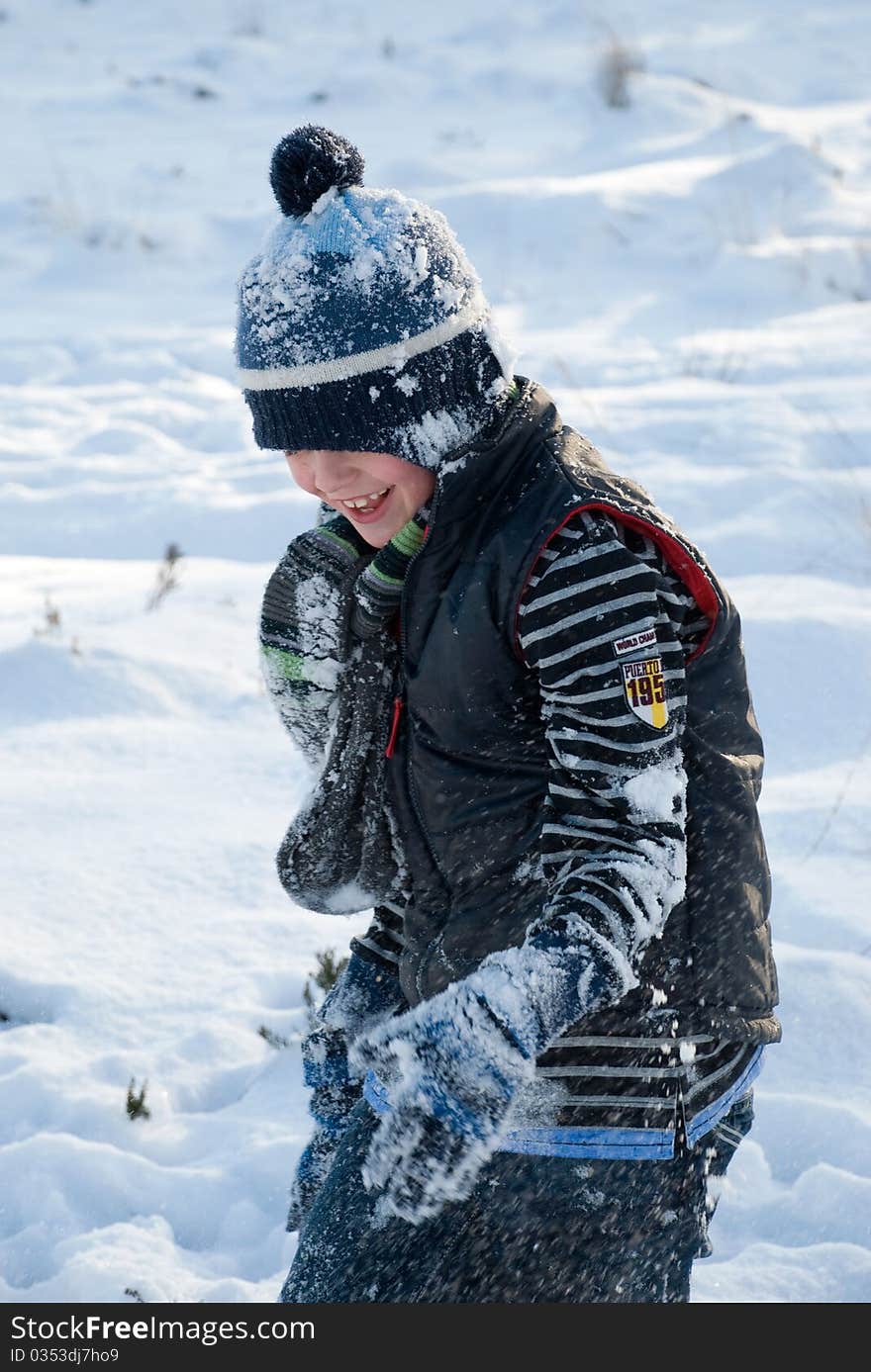 Little Boy Laughing, Running In The Snow