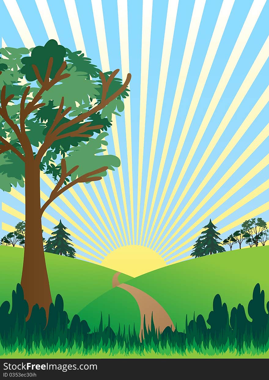 Landscape background with trees ,grass and shiny sun