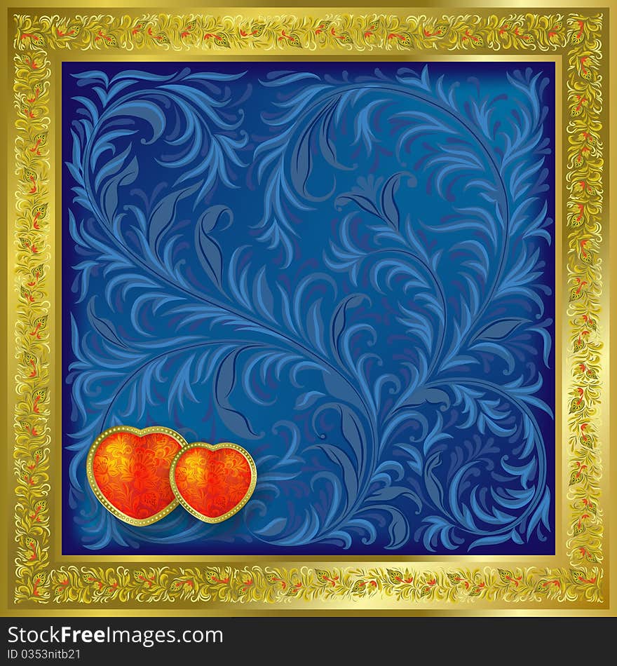 Valentines blue greeting with red hearts and gold floral frame. Valentines blue greeting with red hearts and gold floral frame