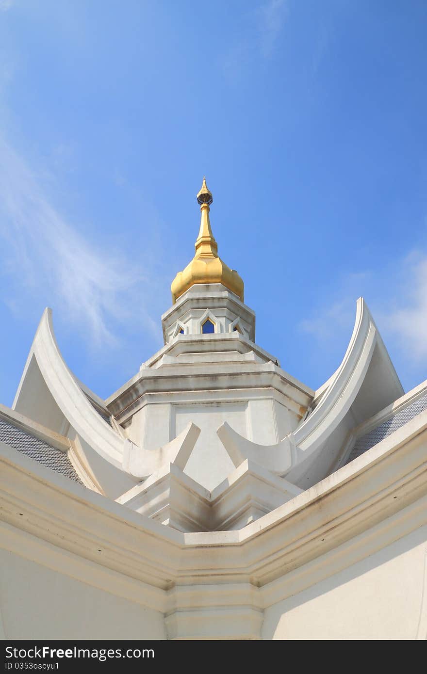 Height gable of white church in blue sky.