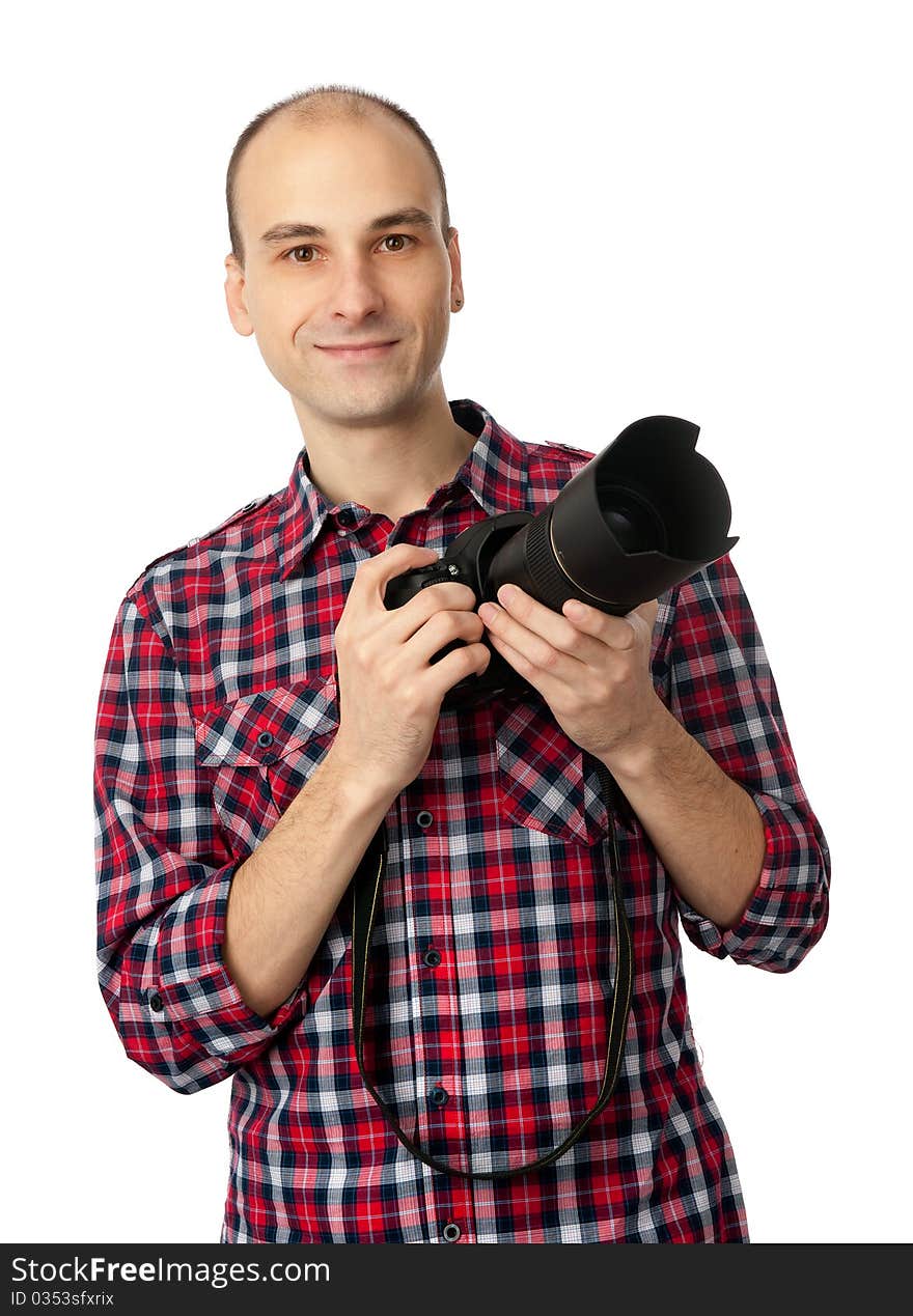 Photographer, young man with professional camera