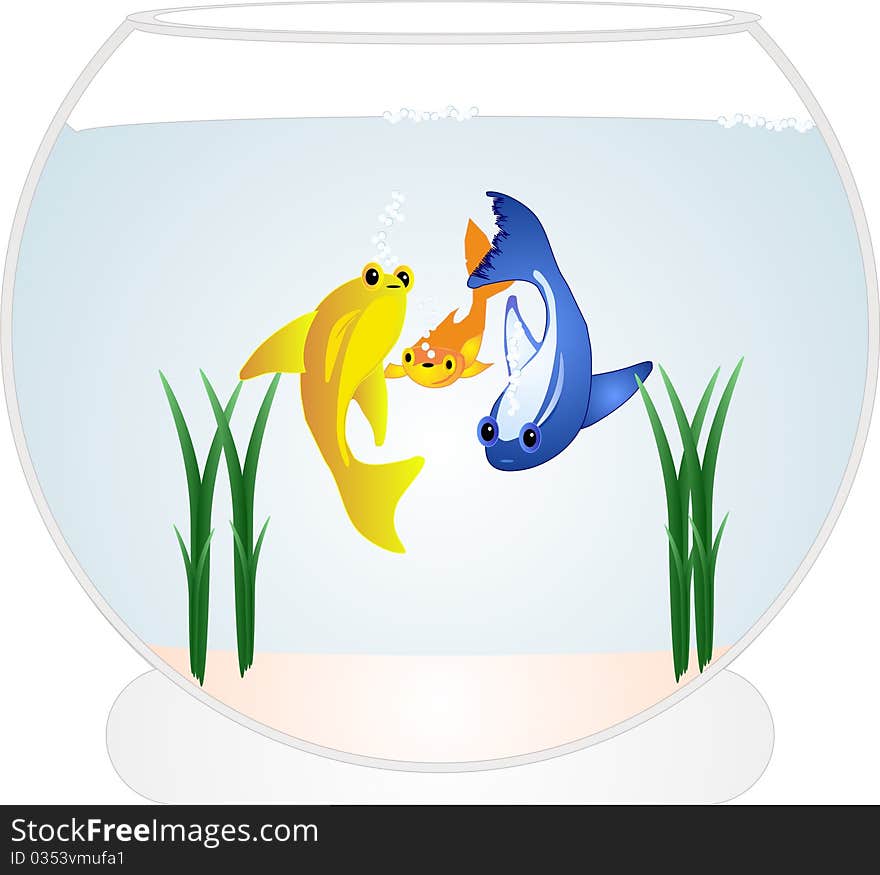 3 Colourful goldfish, playing in a fish bowl, with some weeds in it as well. 3 Colourful goldfish, playing in a fish bowl, with some weeds in it as well....