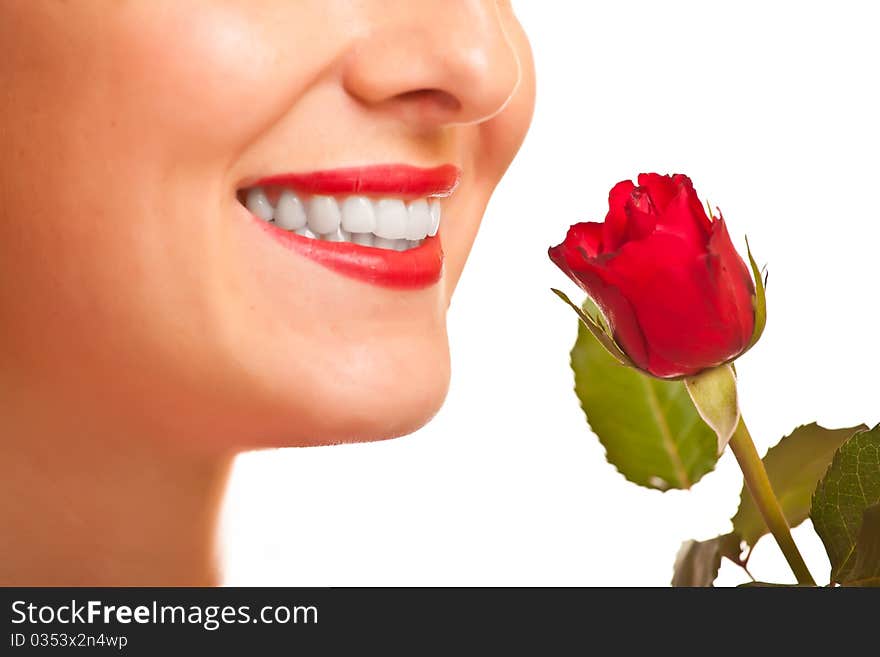 Beautiful caucasian woman with red roses on white isolated background. Beautiful caucasian woman with red roses on white isolated background