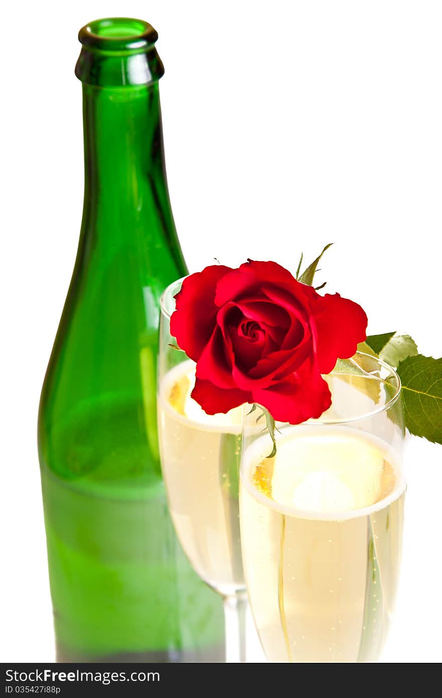 Valentine s day roses and champagne wine isolated