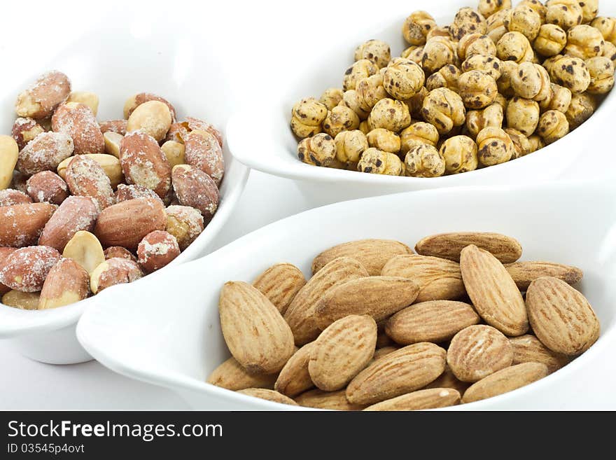 Various nuts; roasted chickpeas and almonds and peanuts