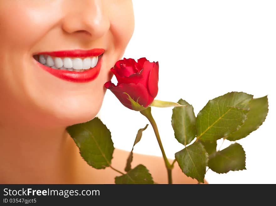 Beautiful caucasian woman with red roses on white isolated background. Beautiful caucasian woman with red roses on white isolated background