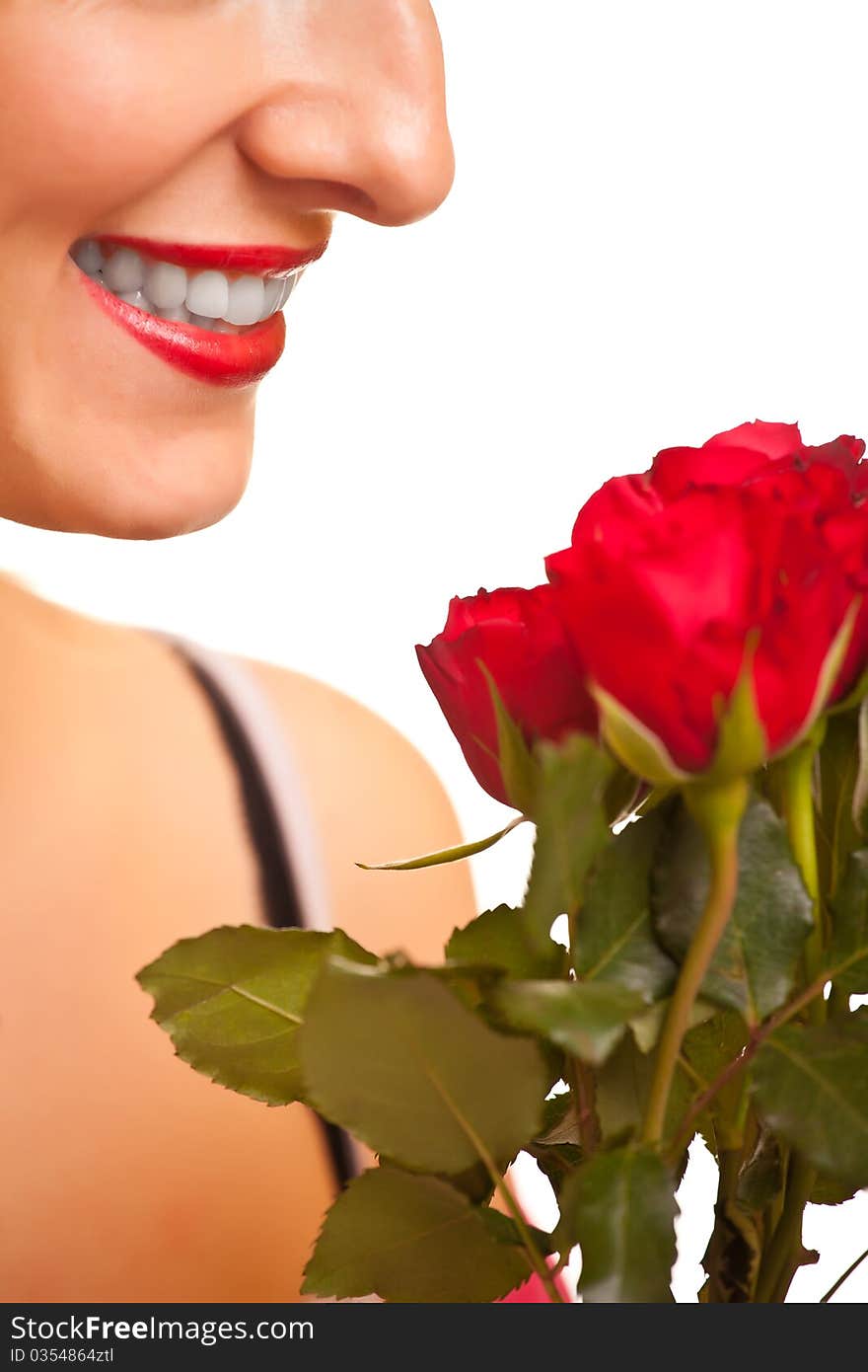 Beautiful caucasian woman with red roses on white isolated background. Beautiful caucasian woman with red roses on white isolated background