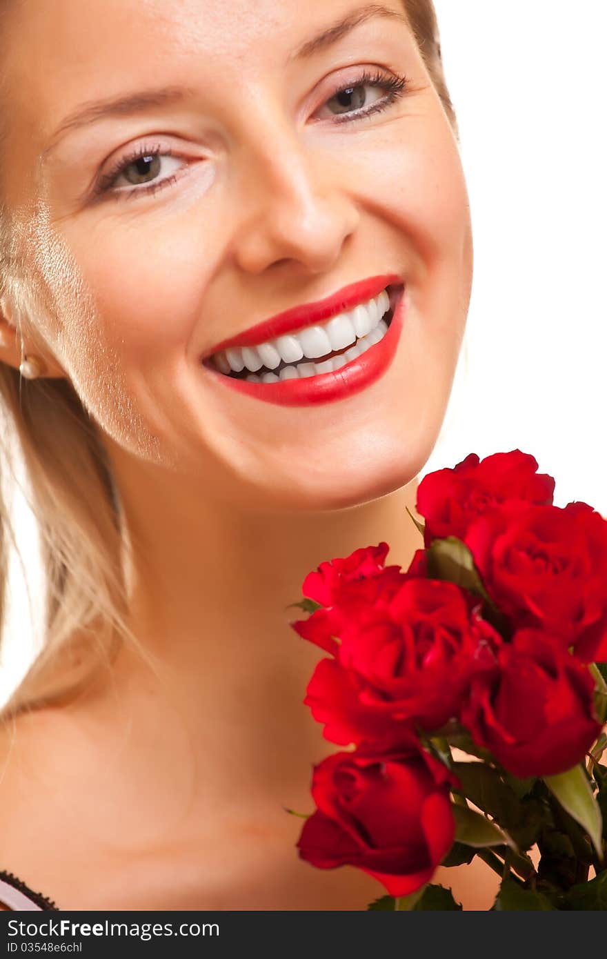 Beautiful caucasian woman with red roses on white isolated background. Beautiful caucasian woman with red roses on white isolated background